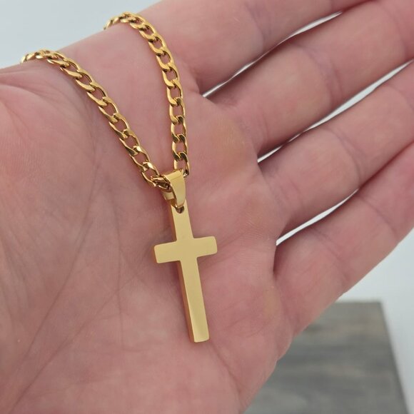 14K Gold Plated Cross and 3.5mm 14K Gold Plated Curb Chain - Picture 1 of 5